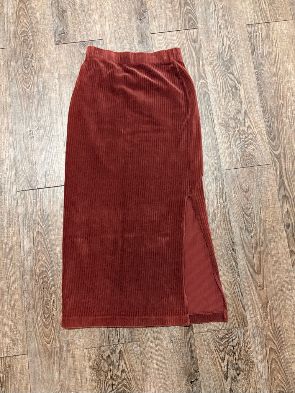 Free People Ribbed Maxi Skirt in Rust Red with Side Slit